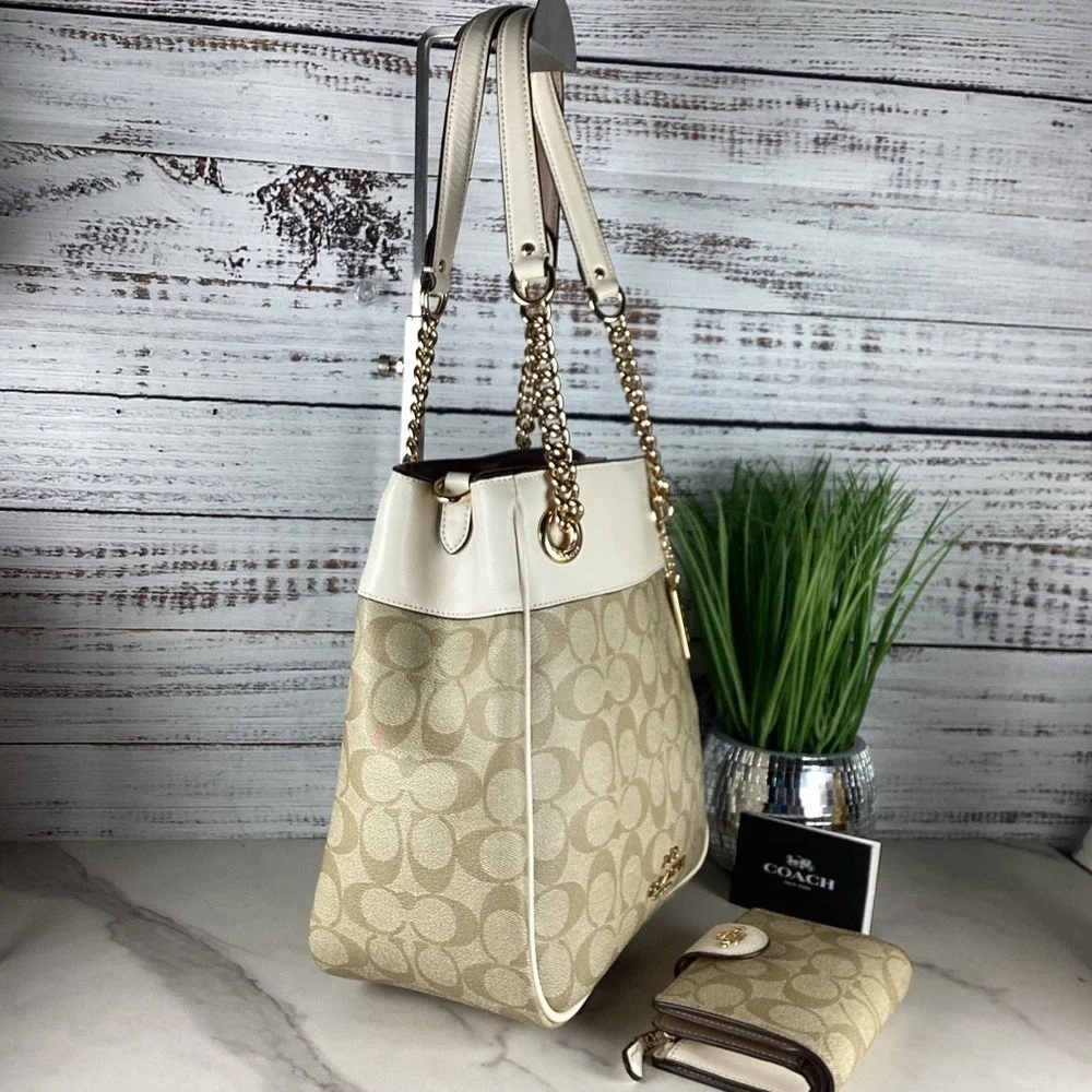 Coach Cammie Chain Bucket Signature‎ Khaki Chalk Shoulder Bag Wallet Set Purse - Picture 12 of 15